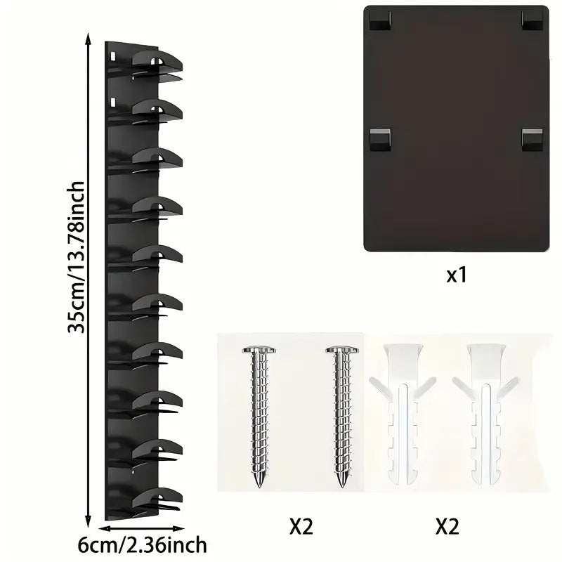 2-Pack 10-Tier Black Wall-Mounted Hat Rack, showing a slim black vertical rack with individual cap supports and mounting hardware
