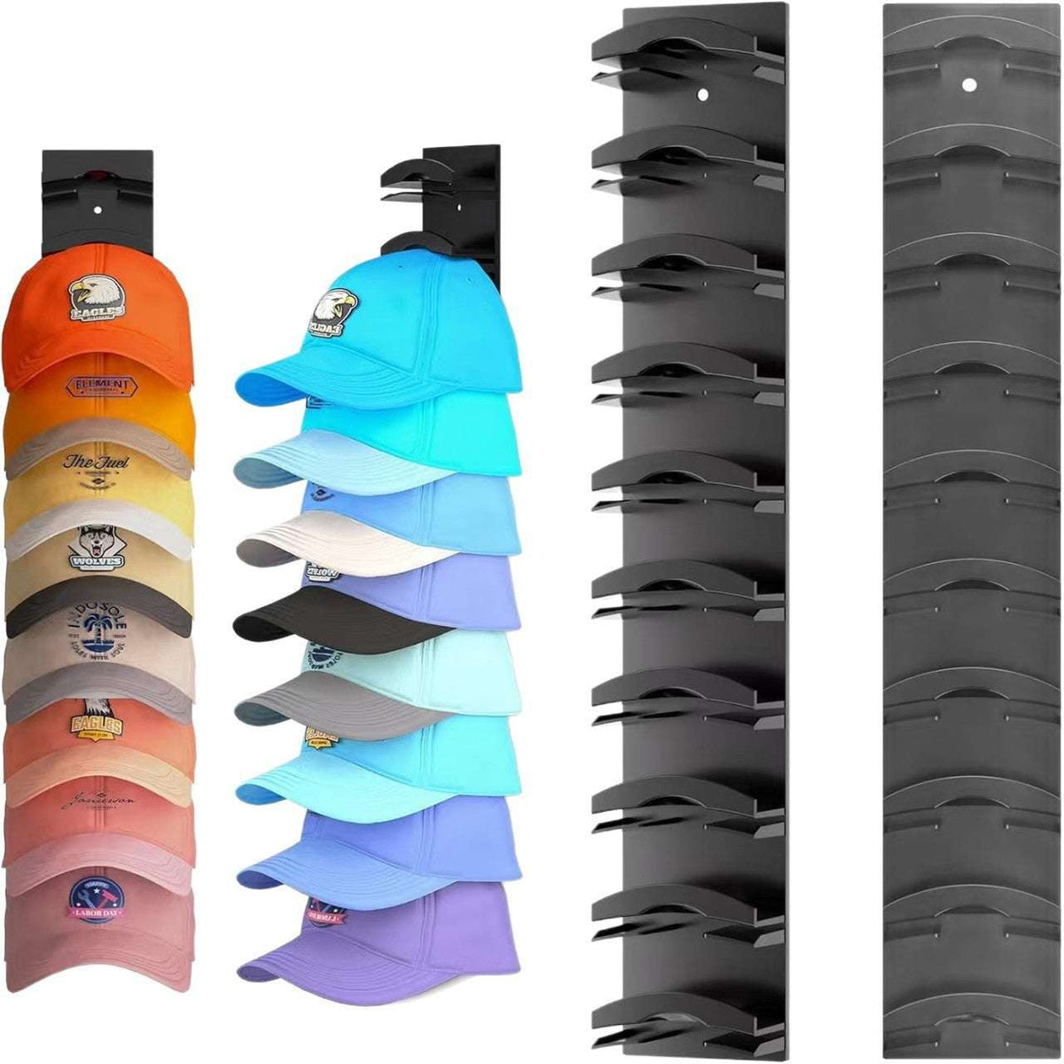 2-Pack 10-Tier Black Wall-Mounted Hat Rack in plastic, shown holding colourful baseball caps on vertical tiers