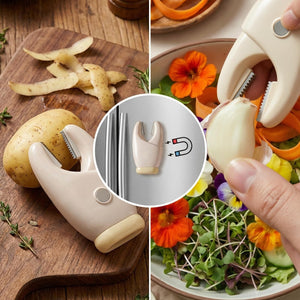 2-Pack 2-in-1 Stainless Steel peelers in cream and pale beige, with serrated garlic tips and vegetable peeling blades