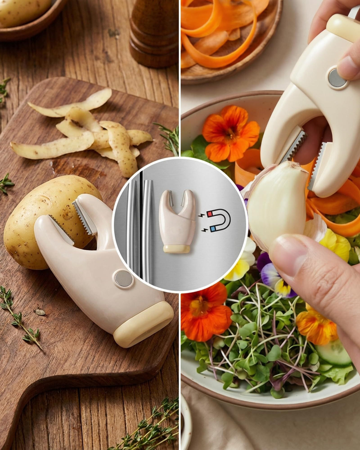 2-Pack 2-in-1 Stainless Steel peelers in cream and pale beige, with serrated garlic tips and vegetable peeling blades