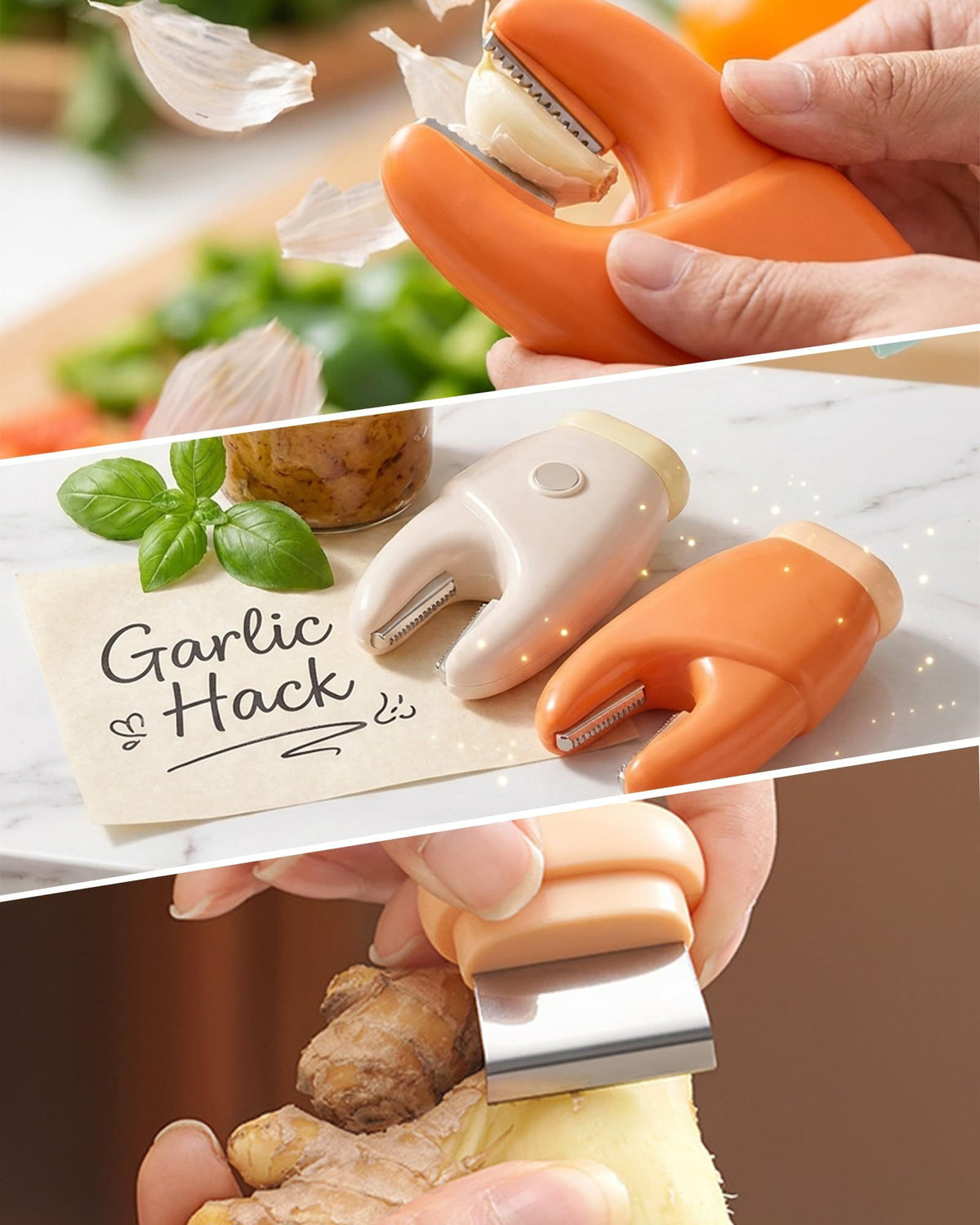 2-Pack 2-in-1 Stainless Steel garlic and vegetable peelers in orange and cream, with serrated tips and steel blades