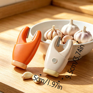 2-Pack 2-in-1 Stainless Steel garlic and vegetable peelers in orange and cream ABS plastic with compact curved handles