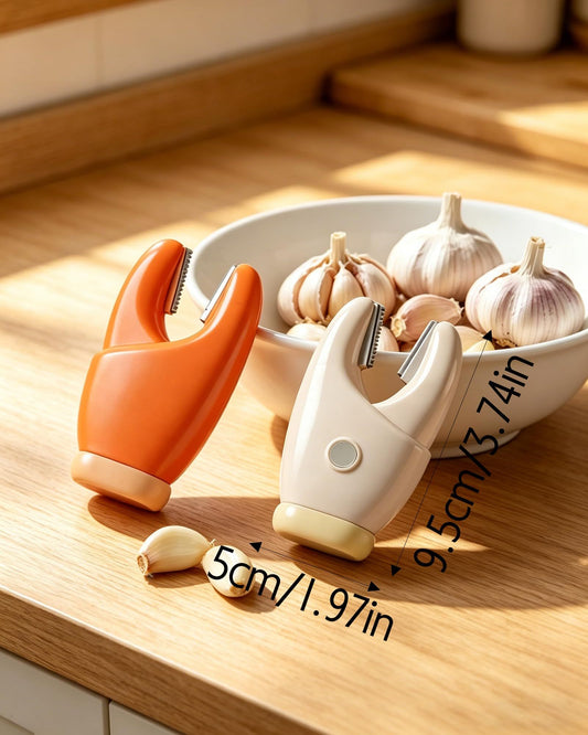 2-Pack 2-in-1 Stainless Steel garlic and vegetable peelers in orange and cream ABS plastic with compact curved handles
