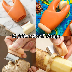 2-Pack 2-in-1 Stainless Steel orange peelers with curved plastic handles and metal blades, shown peeling ginger and potato