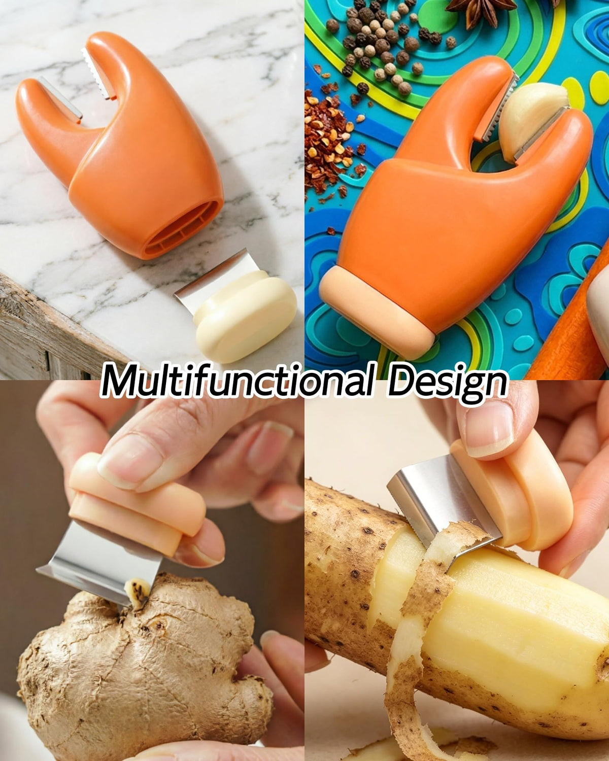 2-Pack 2-in-1 Stainless Steel orange peelers with curved plastic handles and metal blades, shown peeling ginger and potato