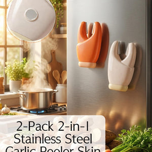 2-Pack 2-in-1 Stainless Steel garlic and vegetable peelers in orange and cream, with serrated tips and magnetic backs