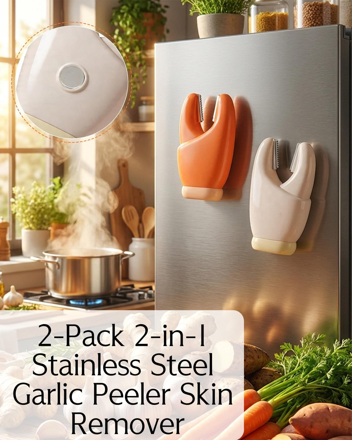 2-Pack 2-in-1 Stainless Steel garlic and vegetable peelers in orange and cream, with serrated tips and magnetic backs