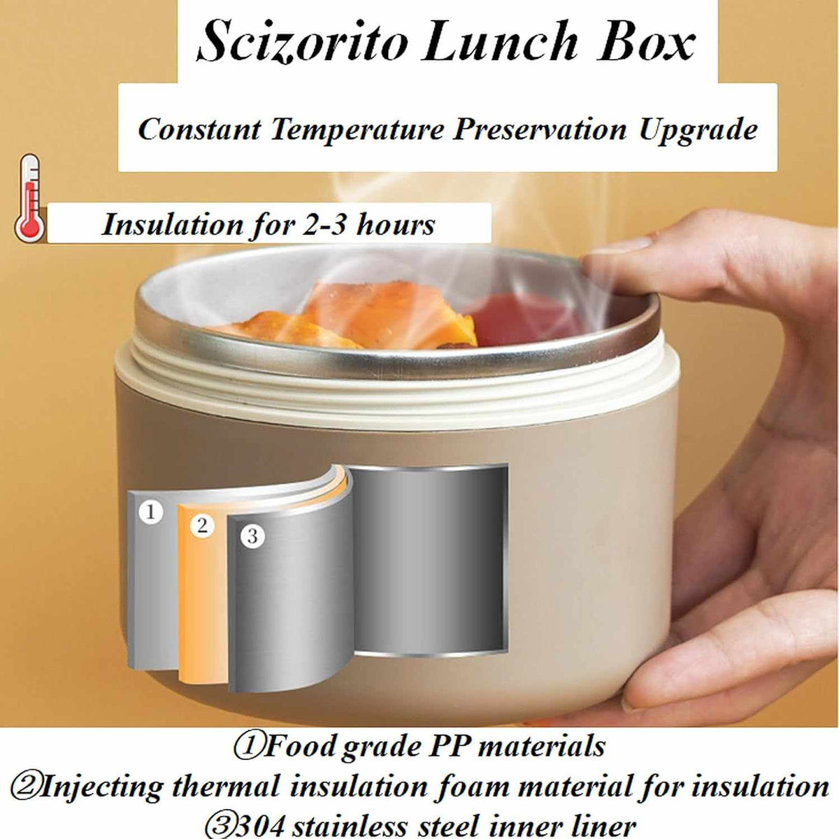 2-Pack Beige 304 Stainless Steel lunch box set with a beige insulated container, steel inner liner and white lid
