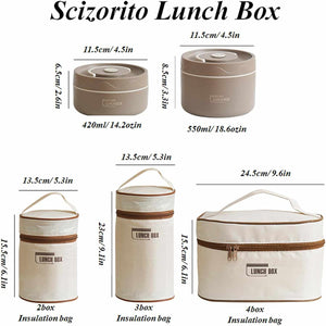 2-Pack Beige 304 Stainless Steel lunch box set with two rounded taupe containers and cream insulated bags with brown trim