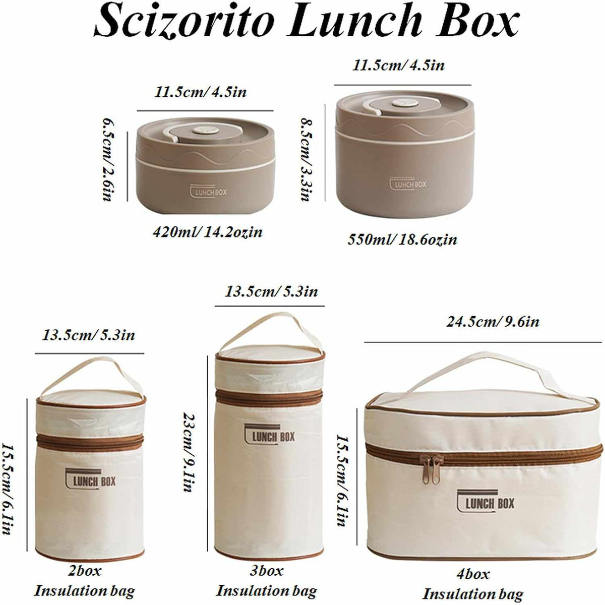 2-Pack Beige 304 Stainless Steel lunch box set with two rounded taupe containers and cream insulated bags with brown trim