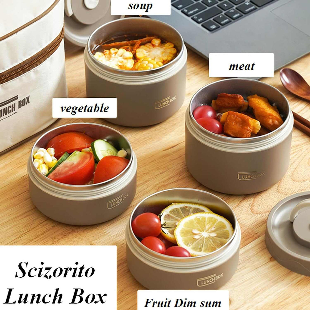 2-Pack Beige 304 Stainless Steel lunch box set with round beige containers, stainless interiors and removable lids