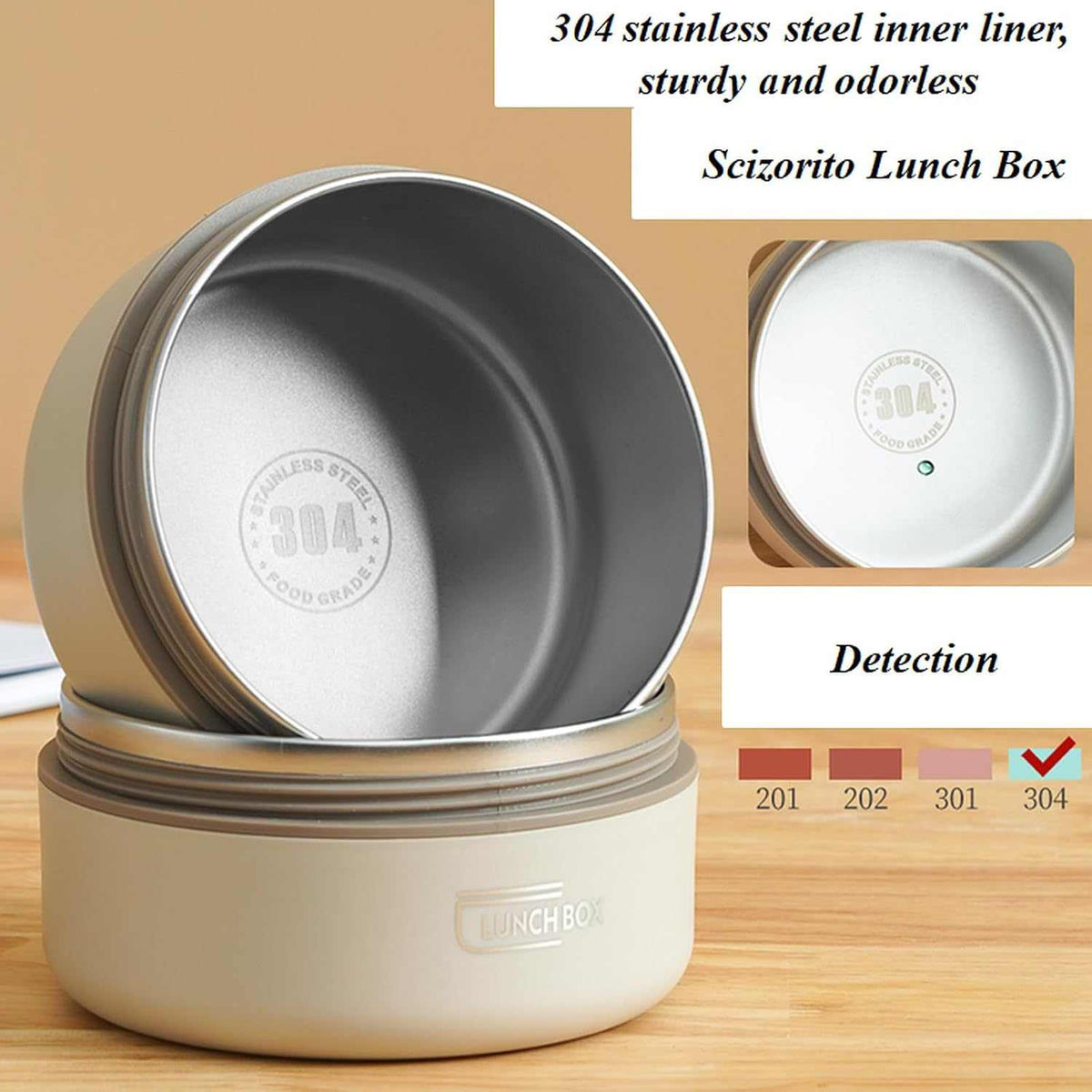 2-Pack Beige 304 Stainless Steel lunch boxes with beige outer shells and removable silver inner liners, round and stackable