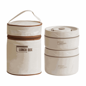 2-Pack Beige 304 Stainless Steel lunch box set with two stackable beige containers and matching insulated thermal bag