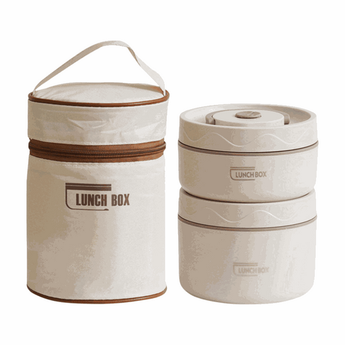 2-Pack Beige 304 Stainless Steel lunch box set with two stackable beige containers and matching insulated thermal bag