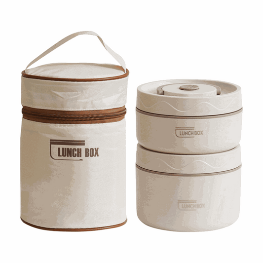 2-Pack Beige 304 Stainless Steel lunch box set with two stackable beige containers and matching insulated thermal bag