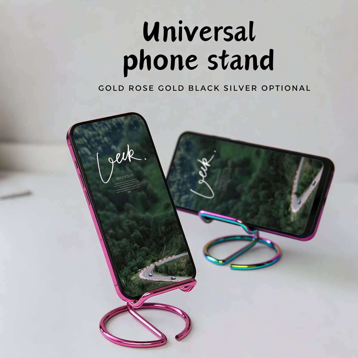 2-Pack Black Universal Aluminum Phone Stand keyword describes a pair, but the visible stands are glossy pink metal loop stands