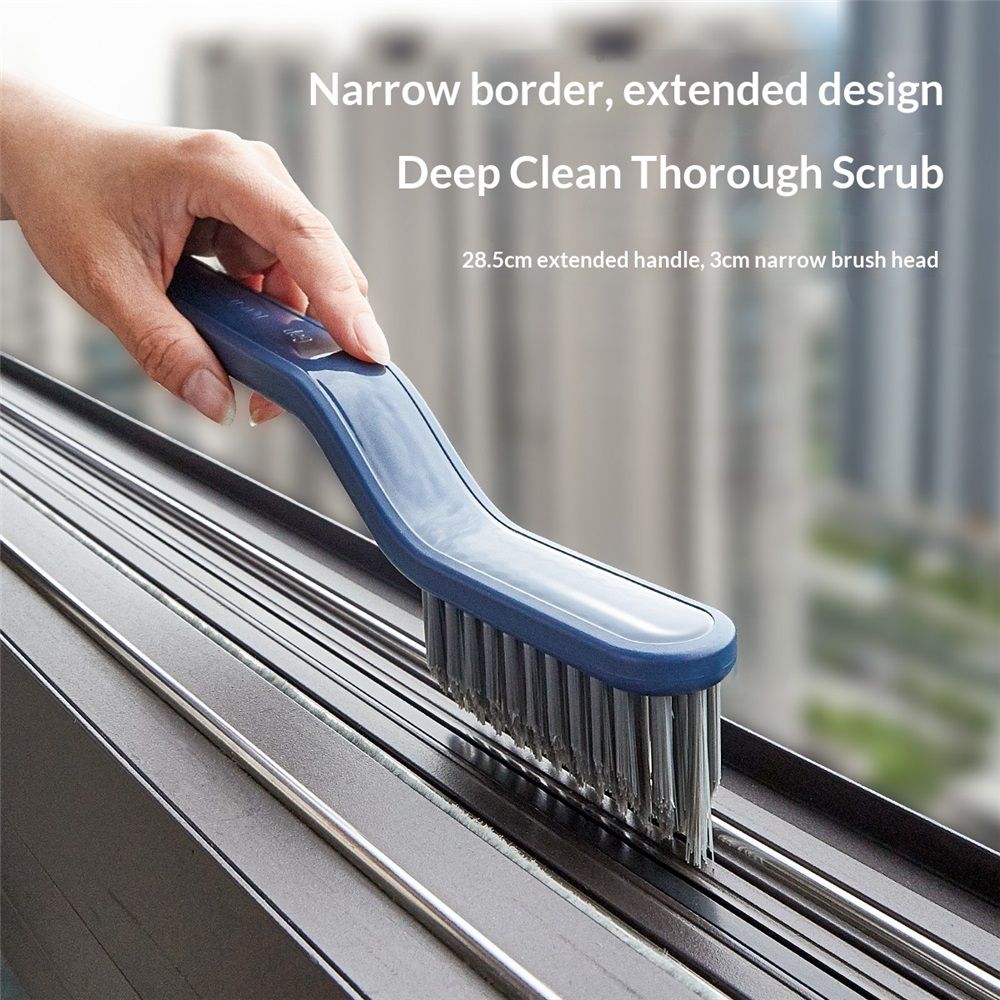 2 pack Crevice Cleaning Brush with a blue curved plastic handle and dense grey bristles for narrow window tracks