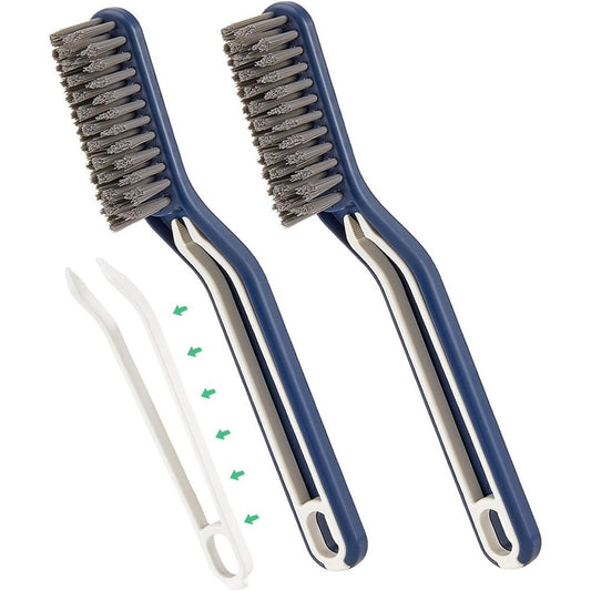 2 pack Crevice Cleaning Brush with navy blue and white curved handles, dense grey bristles and slim angled heads