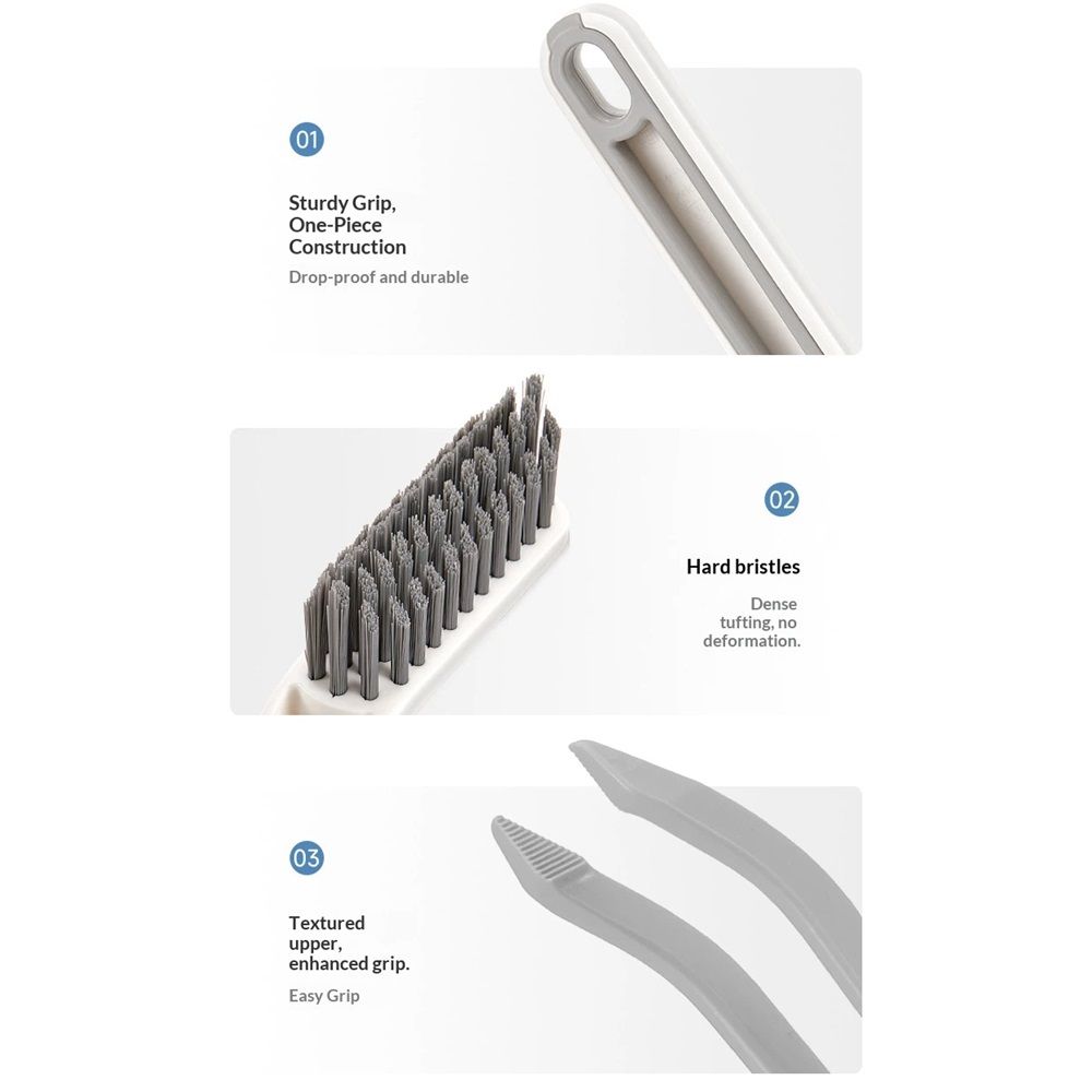 2 pack Crevice Cleaning Brush in white with dense grey hard bristles, a narrow angled head and textured grip