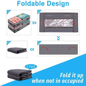 2 Pack Folding Non-Woven storage bags in dark grey fabric, shown folding flat with a clear window and zip closure