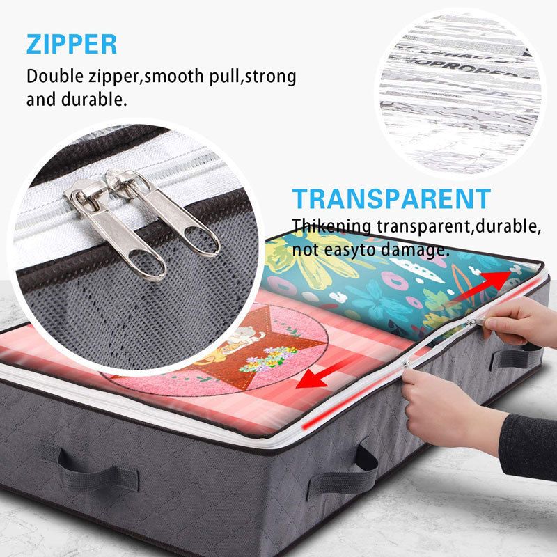 2 Pack Folding Non-Woven under-bed storage bags in dark grey fabric with clear zippered lids and reinforced handles