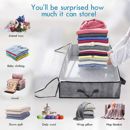 2 Pack Folding Non-Woven storage containers in dark grey fabric with clear zippered lids and reinforced handles, holding folded clothes