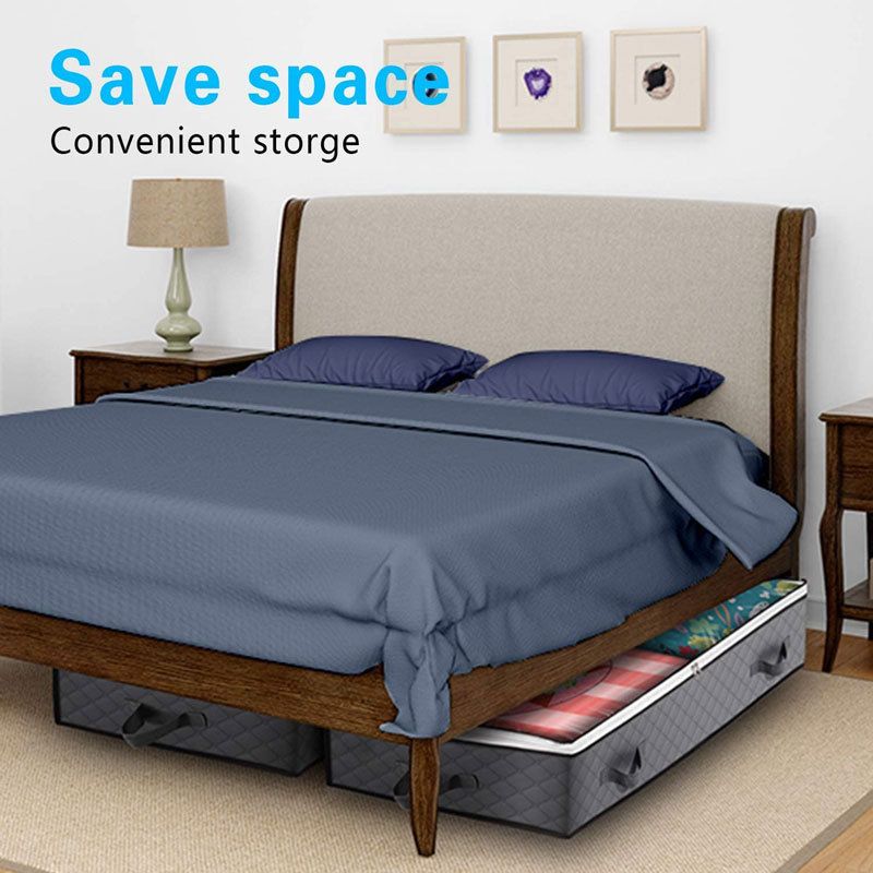 2 Pack Folding Non-Woven under-bed storage containers in dark grey fabric with reinforced handles, tucked beneath a bed
