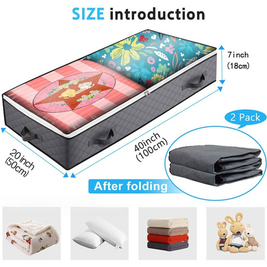 2 Pack Folding Non-Woven under-bed storage container in dark grey fabric with patterned top and fold-flat design