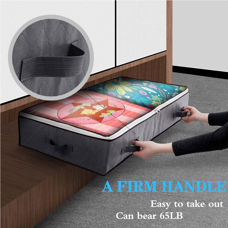 2 Pack Folding Non-Woven under-bed storage container in dark grey fabric with reinforced pull handles and a clear zippered lid