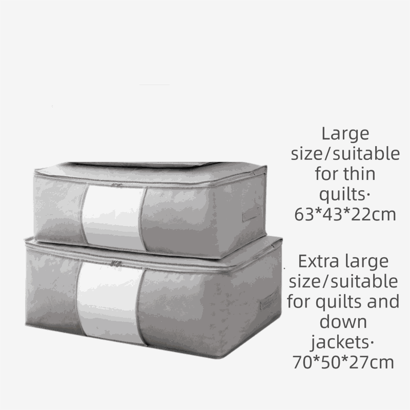 2-Pack Grey Extra Large quilt storage bags in grey non-woven fabric with clear front windows and zippered tops