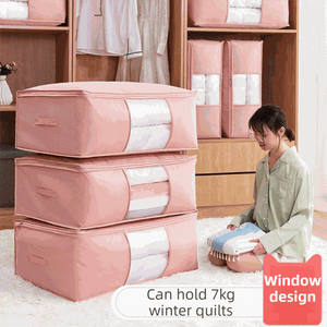 2-Pack Grey Extra Large quilt storage bags shown in blush pink non-woven fabric with clear windows and zip closures