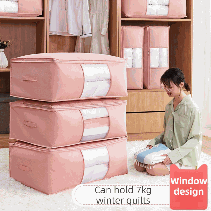 2-Pack Grey Extra Large quilt storage bags shown in blush pink non-woven fabric with clear windows and zip closures