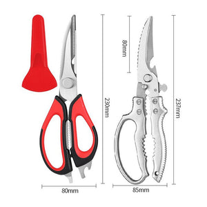2-Pack Kitchen Scissors Set with red and black handles, silver stainless steel blades, and a red protective sheath