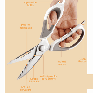 2-Pack Kitchen Scissors Set with silver stainless steel blades and white-gray handles, featuring serrated edges and built-in tools
