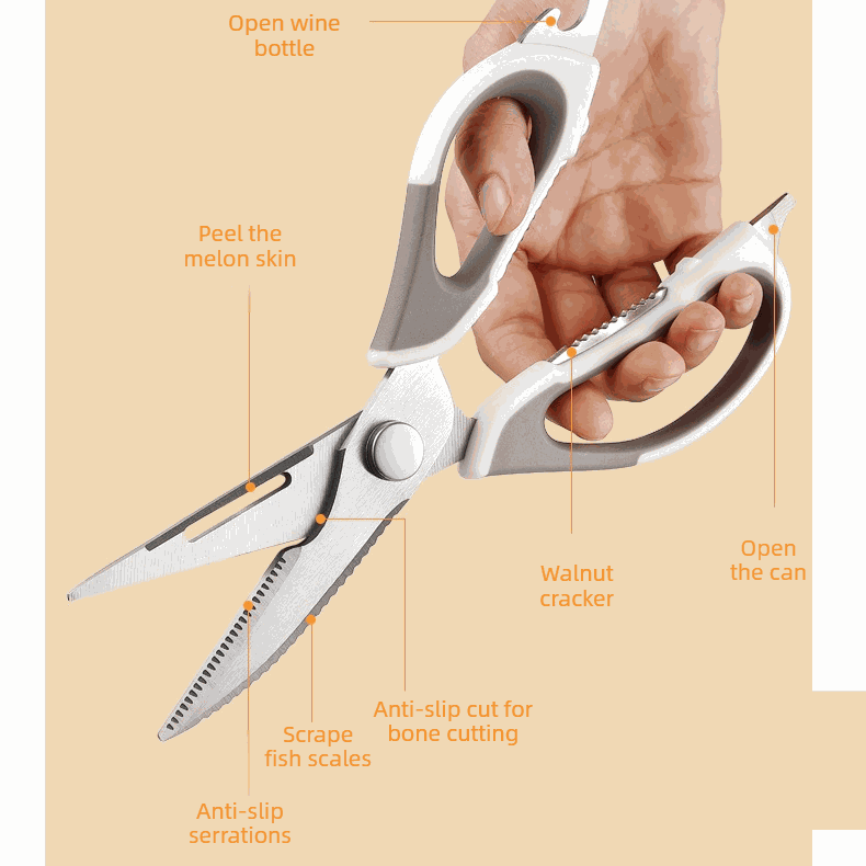 2-Pack Kitchen Scissors Set with silver stainless steel blades and white-gray handles, featuring serrated edges and built-in tools