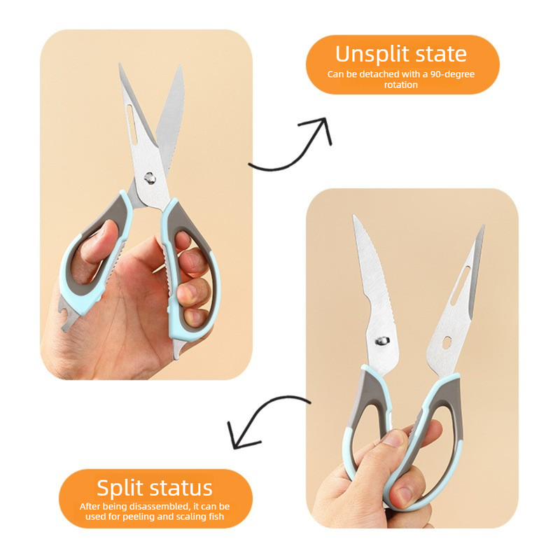 2-Pack Kitchen Scissors Set with two silver stainless steel blades and pale blue and gray handles, shown split apart