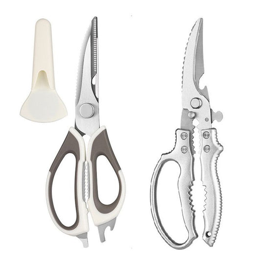 2-Pack Kitchen Scissors Set with white and gray ergonomic handles, stainless steel blades and detachable sheath