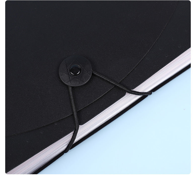 2 PCS A4 Expanding File Folder with a black plastic cover and elastic cord wrapped around a round button closure