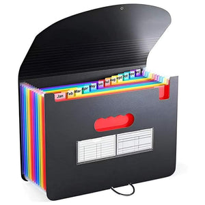 2 PCS A4 Expanding File Folder with black plastic cover, rainbow dividers, month tabs, and red handle