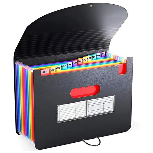 2 PCS A4 Expanding File Folder with black plastic cover, rainbow dividers, month tabs, and red handle
