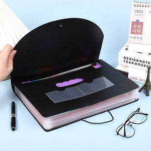 2 PCS A4 Expanding File Folder in black plastic with rainbow-edged pockets, elastic cord closure and carry handle