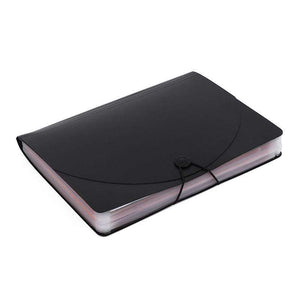 2 PCS A4 Expanding File Folder in black plastic with multicoloured pocket edges and an elastic cord button closure