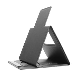 2-PCS Black Portable Foldable Phone Stand in smooth black synthetic leather with an A-frame shape and card holder slot