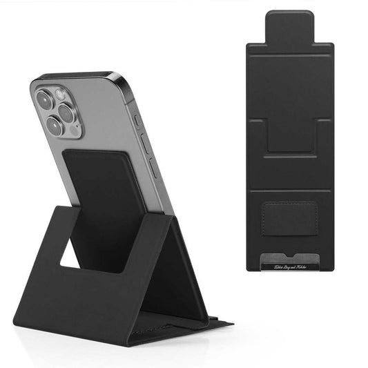 2-PCS Black Portable Foldable Phone Stand in black synthetic leather-like material, with a triangular support and card slot