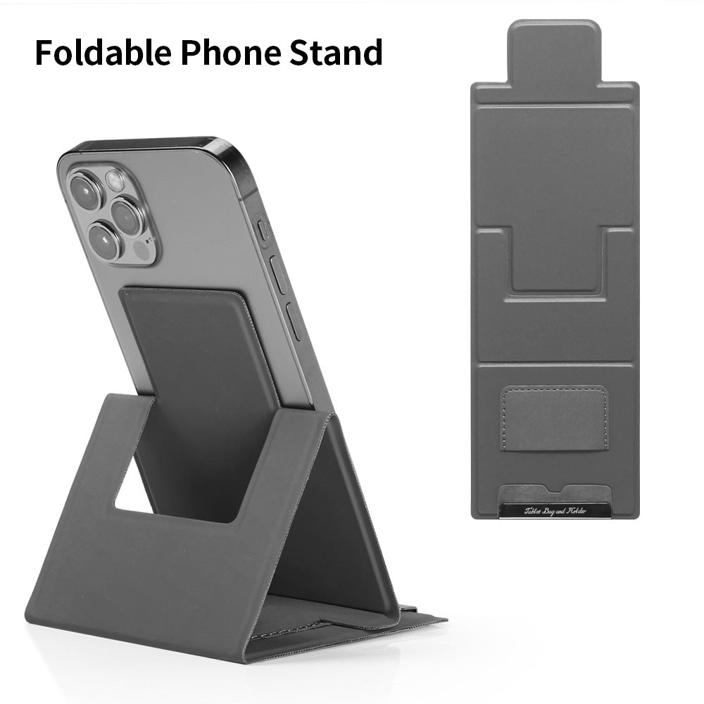 2-PCS Black Portable Foldable Phone Stand in dark grey synthetic leather, shown holding a phone in an A-frame with a card slot