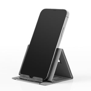 2-PCS Black Portable Foldable Phone Stand with a black textured A-frame holding a smartphone upright, with a front support lip
