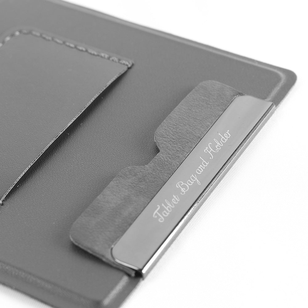 2-PCS Black Portable Foldable Phone Stand with textured black synthetic leather and stitched pockets, shown folded flat