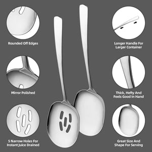 2 PCS Serving Spoons Set in polished silver stainless steel, featuring one solid spoon and one slotted spoon