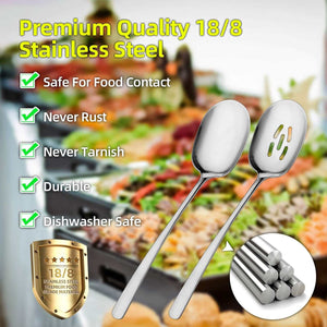 2 PCS Serving Spoons Set in polished silver stainless steel, with one solid spoon and one slotted spoon