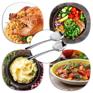2 PCS Serving Spoons Set in polished silver stainless steel, featuring one solid spoon and one slotted spoon